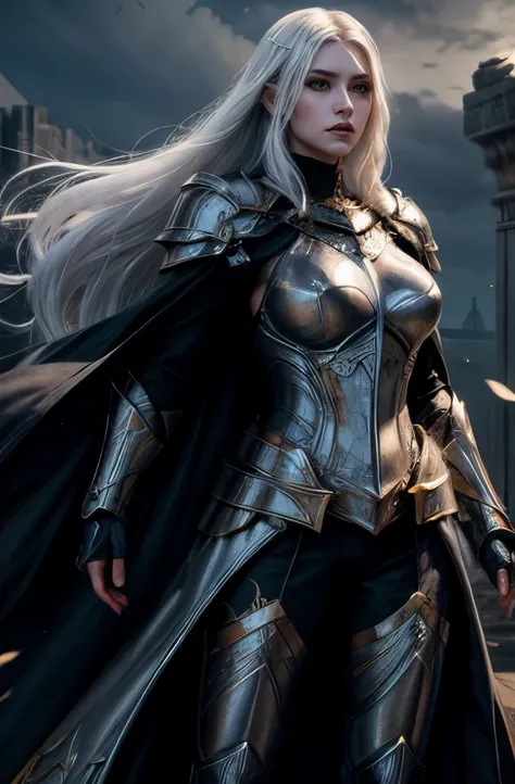 illustration of a beautiful female paladin, long floating white hair, dark eyebrows, dark makeup, ages 35, low neck, white and g...