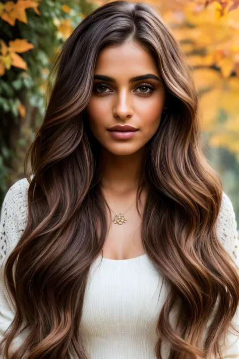 (Realistic style, masterpiece, best quality, ultra-detailed), beautiful woman with brown hair, faded roots, captivating brown eyes, Indian descent, influencer pose, cozy outdoor setting, autumn leaves, cinematic light, warm sidelighting, high resolution, d...