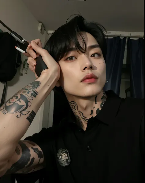 sharp man with a tattoo on his arm holding a cigarette, korean demon, homem sul-coreano, pintar ulzzang, inspirado em kim taehyu...