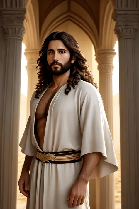 A profound and captivating portrait of Jesus, the divine Savior, a 33-year-old man with Hebrew origins, possessing short curly brown hair and a long lush brown beard. The scene captures Him in a serene moment, with an open-armed gesture, wearing a long flo...