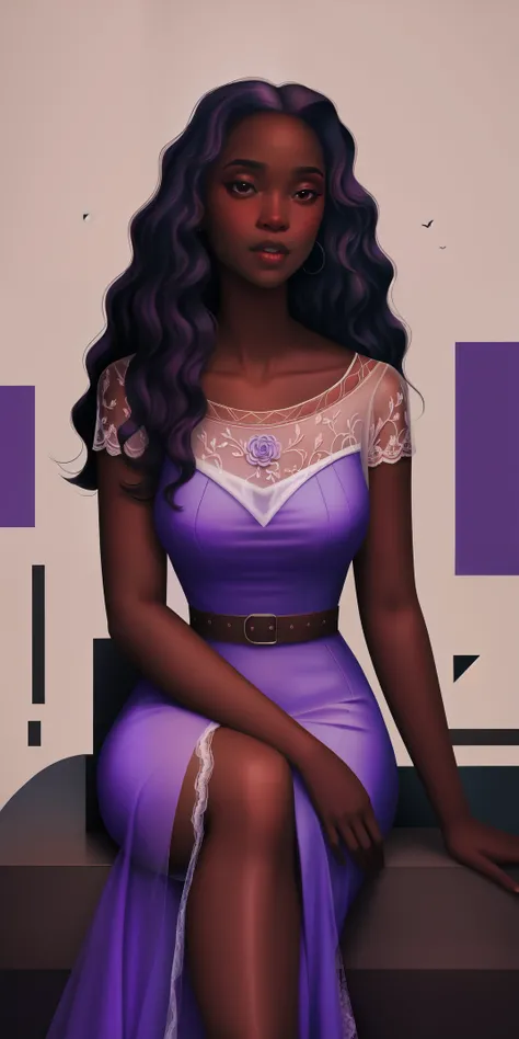 A Congolese black woman with rich dark brown skin, content expression, beautiful, 1woman, intricate detail, long wavy hair, beautiful fitted sheer lace purple dress, abstract accents in the background 