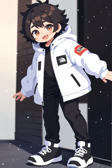 1 boy, standing, short curly hair, wearing The North Face white and black long winter jacket, Black jeans, white and black winter sneakers, Brown hair, Brown eyes, fangs, a high resolution, masterpiece