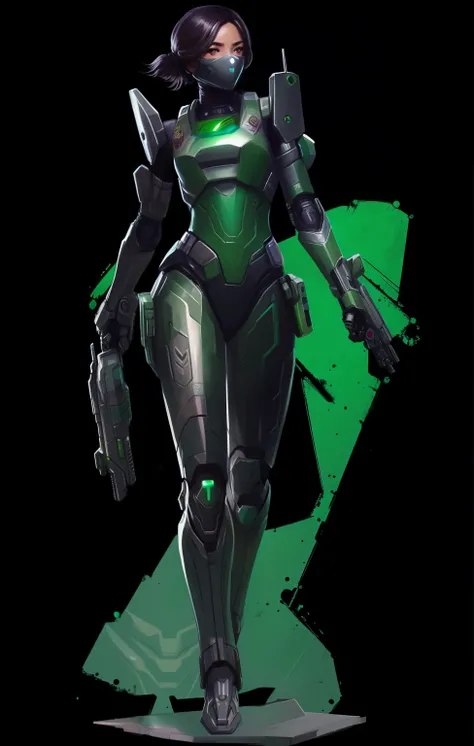 a woman in a green outfit holding a gun and a green substance, personagem valoroso, girl with mecha cybernetic armor, Benedick Bana, armadura verde, Science fiction woman, arte conceitual limpa, epic sci-fi character art, android heroin, epic sci-fi charac...