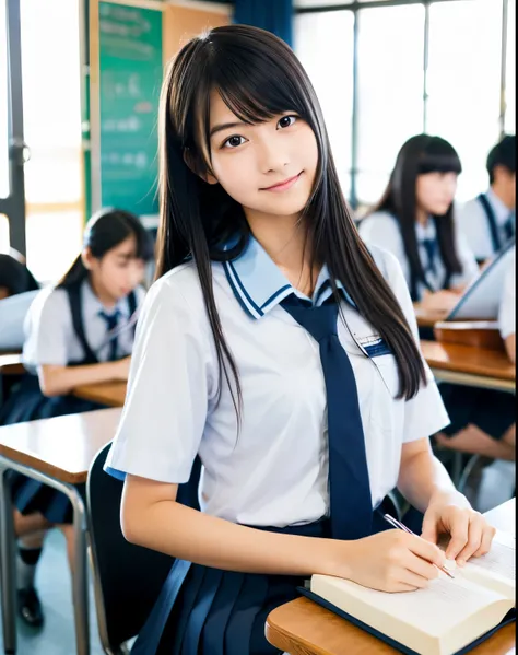 Japanese high school girl　high school classroom　sitting at desk and studying　writing in a notebook　long hair　shiny detailed black hair　smooth soft skin　Focused facial expressions　uniform　professional lighting　Professional photographer　Highest image quality...