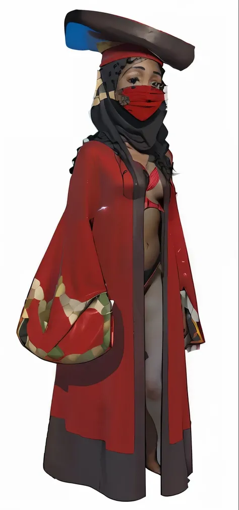 a sneaky freckled light skinned north african black girl wearing a hat, a red robe that covers her mouth and her whole body