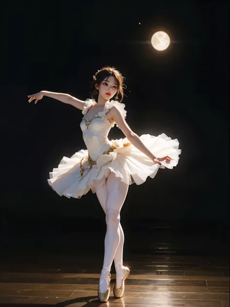 fantasy, high quality, 8K, realistic,photo realistic,RAW photo,photography,High resolution, ultra-definition, highest quality,Dramatic lighting, glitter effect, from below, midnight, moonlight, ballet、深い森の中の湖、full body,break,
神秘的な湖の上で月光を浴びて優雅にバレエを踊るプリマドンナの...