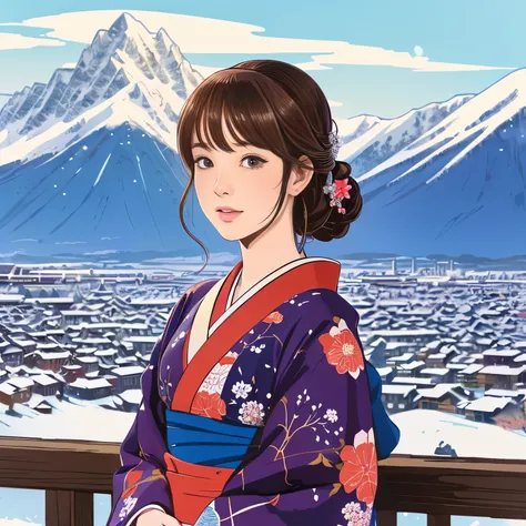 illustration style, ukiyo-e, Showa anime, woman, snow, (Sensitive), Asahi, mountains in the background, (highest quality, super detailed,portrait, Natural light)、kimono