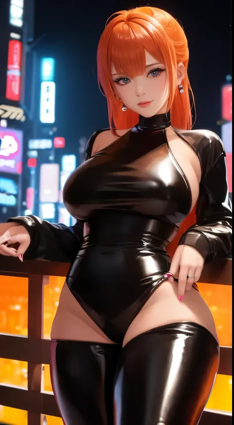 1 girl, (((bimbo))),earrings rings, plump lips, painted lips, thin lips. orange hair, Short ponytails, wide hips, thick thighs, latex tight pants, burst breasts Nightlife, night city, Cyberpunk-city, futuristic cityscape. neon lights, (skyscraper:1.1), tok...