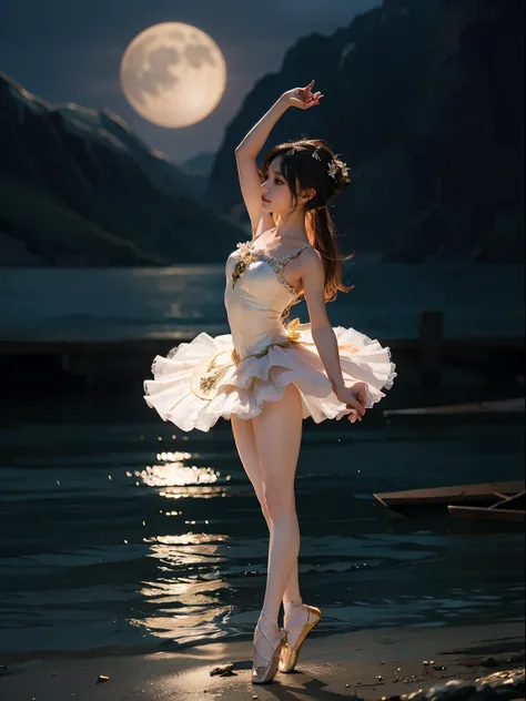 fantasy, high quality, 8K, realistic,photo realistic,RAW photo,photography,High resolution, ultra-definition, highest quality,Dramatic lighting, glitter effect, from below, midnight, moonlight, ballet、Swan Lake、深い森の中の湖、full body,break,
神秘的な湖の上で月光を浴びて優雅にバレエ...