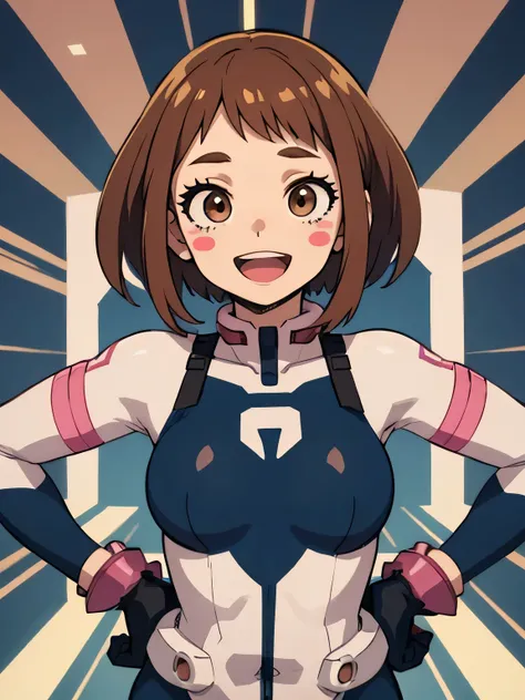 , ochako uraraka,brown hair,brown eyes, short hair, 1girl, (bodysuit, super hero, gloves), abstract background, smile :D, blush stickers, medium shot, 