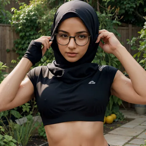 Sweaty eyeglasses sexy model hijab girl with sport bra at garden