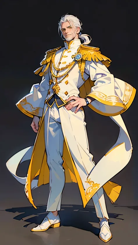 ((masterpiece,best quality,8k,highres)),((character concept art)), 1 male, middle-age adult male, Emperor, God, 328 cm height, male medium length hair, big back head hairstyle (white hair colour), ultra finely detailed eyes ((yellow eyes colour)), extraord...