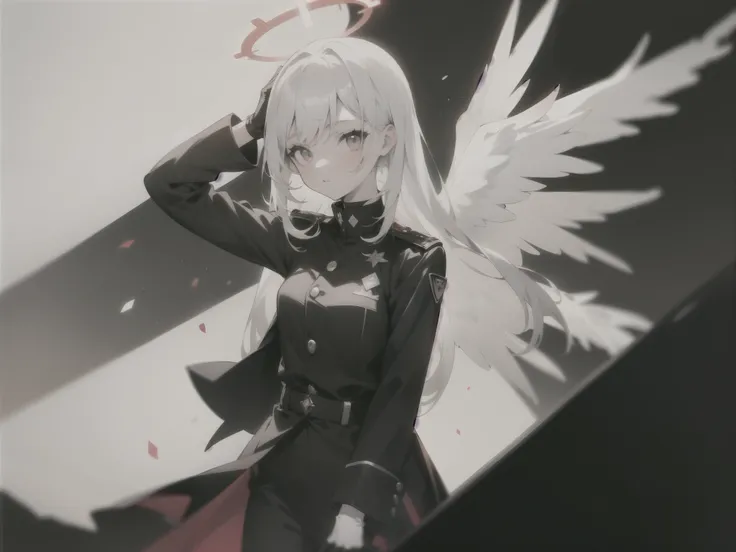 1girl angel, white colored hair, red scale, Monochrome, gloves, modern black uniform, Halo