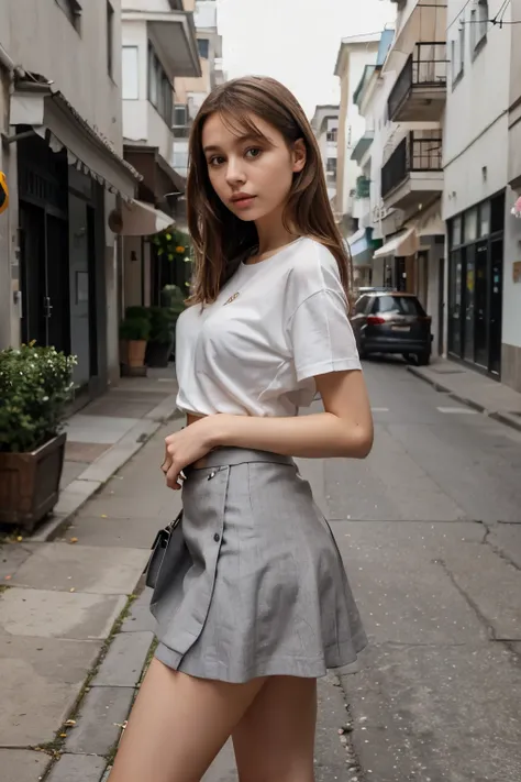 portrait sophie mudd, she in a white shirt and grey skirt standing on a street, style of julia razumova