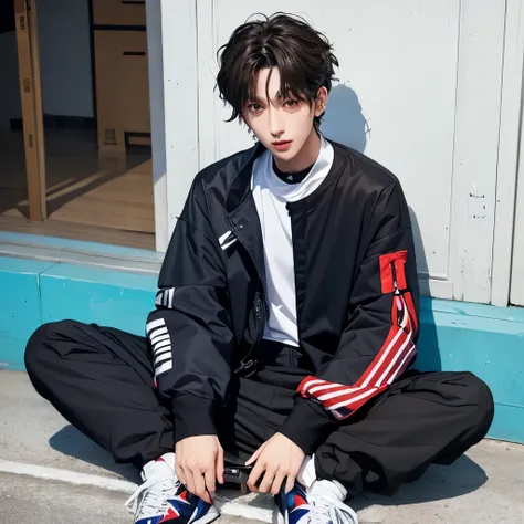 Arafad man sitting with his arms crossed on the floor, cai xukun, Paint Urzan, Kim Doyoung, casual streetwear, outlive streetwear collection, Korean male, street fashion, japanese streetwear, Handsome anime pose, jinyoung shin, Wearing Japanese tech clothi...