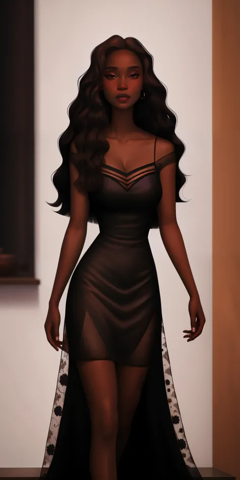 A Congolese black woman with rich dark brown skin, content expression, beautiful, 1woman, intricate detail, long wavy hair, beautiful fitted sheer black lace dress, black dress, abstract accents in the background 