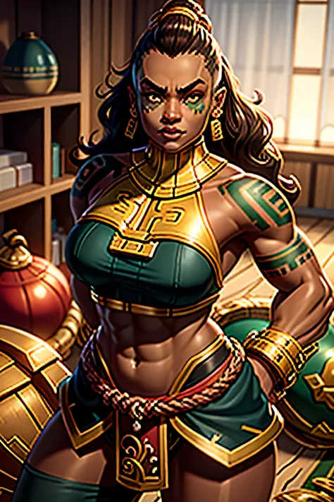 illaoi, solo, pele escura, cabelos longos, musculoso, sozinho, standing, rosto detalhado, olhos ultra detalhados, olhando para o...