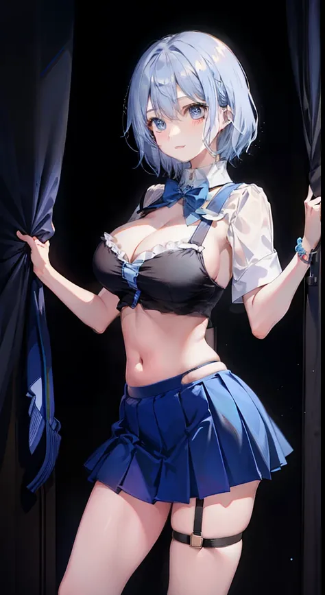 short hair, big breasts、garterbelt、 slim legs, happy, cleavage, short skirt, navel, blue eyes, school uniform, thigh high socks, standing, ラブホテルの薄dark room、The lighting is dark、dark room、