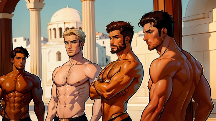 One Handsome short-haired Chad dressed like Greek gods, perfect bodies