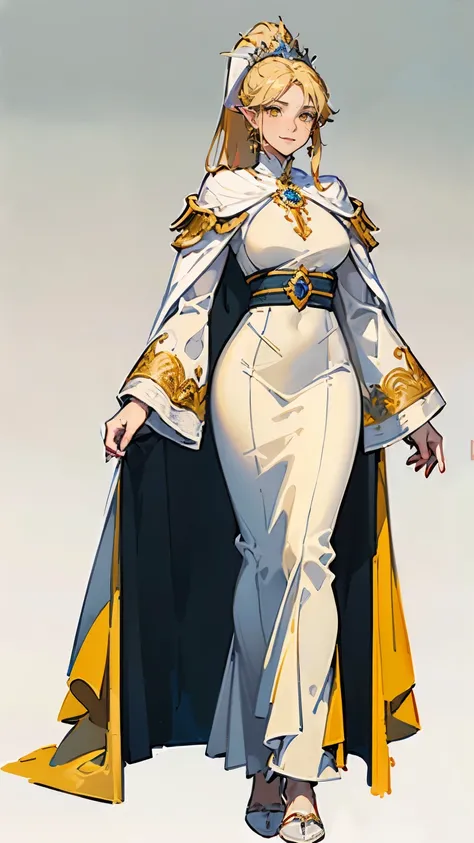 ((masterpiece,best quality,8k,highres)),((character concept art)), 1 female, middle-age adult female, female Catholic pope, 210 cm height, long hair, ponytail, asymmetrical hair bangs, (blonde hair colour), ultra finely detailed eyes ((yellow eyes colour))...