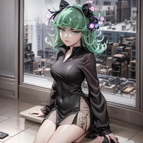 (masterpiece, best quality:1.2), 独奏, 1girl, tatsumaki, unamused, closed mouth, looking a viewer, sitting, 她穿着敦煌飞天衣服, thights, ши...