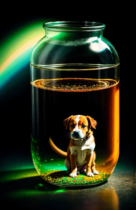 puppy in a giant jar, fluffy, realistic, airglow refraction, by lee jeffries nikon d850 film stock photo 4 kodak portra 400 camera f1.6 lens rich colors hyper realistic lifelike texture dramatic lighting unreal engine trending on artstation cinestill 800, ...