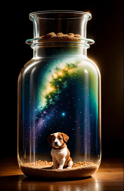 puppy in a giant jar, fluffy, realistic, airglow refraction, by lee jeffries nikon d850 film stock photos 4 kodak portra 400 camera f1.6 lens rich colors hyper realistic lifelike texture dramatic lighting unreal engine trending on artstation cinestill 800,...