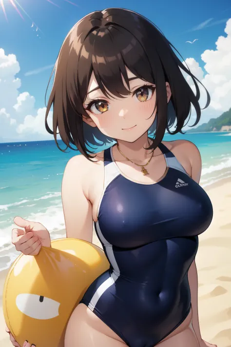 competitive swimsuit、Chica sonriente con enormes tetas y muslos gruesos con la boca abierta、short brown hair、calidad de imagen de alto nivel、estilo animado、Pussy、Una gran cantidad de jugo de amor fluye desde el、Frente al frente、Estar en la orilla arenosa d...