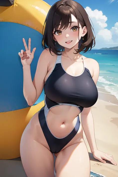 competitive swimsuit、Chica sonriente con enormes tetas y muslos gruesos con la boca abierta、short brown hair、calidad de imagen de alto nivel、estilo animado、Pussy、Una gran cantidad de jugo de amor fluye desde el、Frente al frente、Estar en la orilla arenosa d...