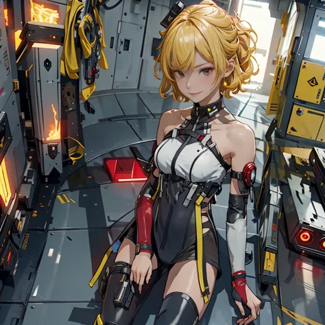 1 girl, tie up hair, short hair, short blond hair, red eyes, innocent smile, black mech armor, cool and sexy face, black thigh k...