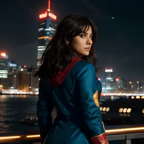 Kamala Khan, also known as Miss Marvel, standing confidently in a vibrant and colorful city skyline. Her iconic red and blue suit is adorned with her emblem, a flying stick figure wearing a green cloak. Her dark hair cascades down her back, and her strikin...