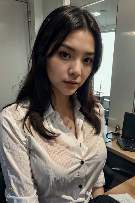 hong kong sexy office lady in office, open button shirt, closeup selfie, slim, tired, beautiful face, black straight hair, soft lighting, hyper realistic, beautiful body, soft lighting