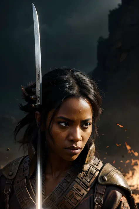 African woman, brown skin, dramatic background, holding samurai sword, cinematic, action movie, full samurai attire, powerful strong gaze, determined expression, vibrant colors, dynamic lighting. (best quality, highres, ultra-detailed, realistic:1.37), HDR...