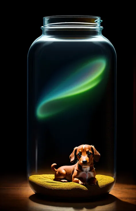 puppy in a giant jar, Miniature dachshund,fluffy, realistic, airglow refraction, by lee jeffries nikon d850 film stock photo 4 kodak portra 400 camera f1.6 lens rich colors hyper realistic lifelike texture dramatic lighting unreal engine trending on artsta...