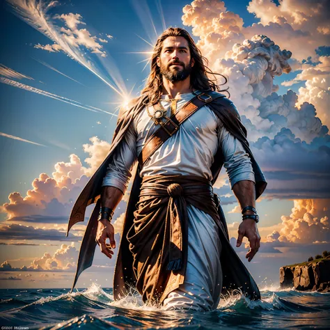 sunset spacious sunrise sunshine, a handsome god jesus christ ( jesus) blessing to the sky 35 years old with a long brown hair a...