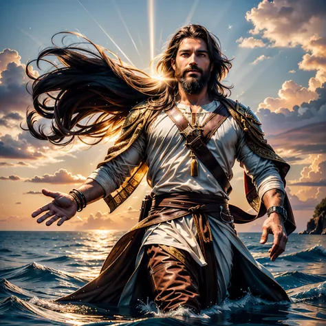 sunset spacious sunrise sunshine, a handsome god jesus christ ( jesus) blessing to the sky 35 years old with a long brown hair a...