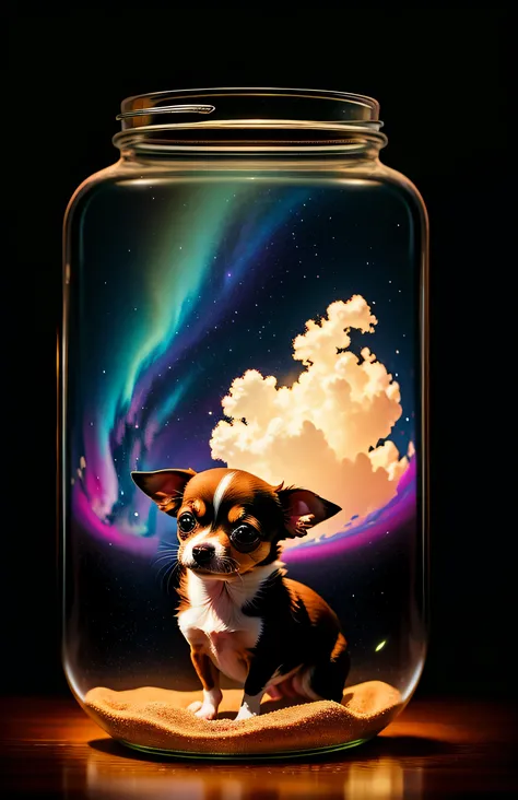 Chihuahua puppy in a giant jar, fluffy, realistic, airglow refraction, by lee jeffries nikon d850 film stock photo 4 kodak portra 400 camera f1.6 lens rich colors hyper realistic lifelike texture dramatic lighting unreal engine trending on artstation cines...