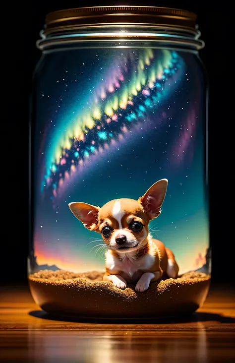 Chihuahua puppy in a giant jar, fluffy, realistic, airglow refraction, by lee jeffries nikon d850 film stock photo 4 kodak portra 400 camera f1.6 lens rich colors hyper realistic lifelike texture dramatic lighting unreal engine trending on artstation cines...