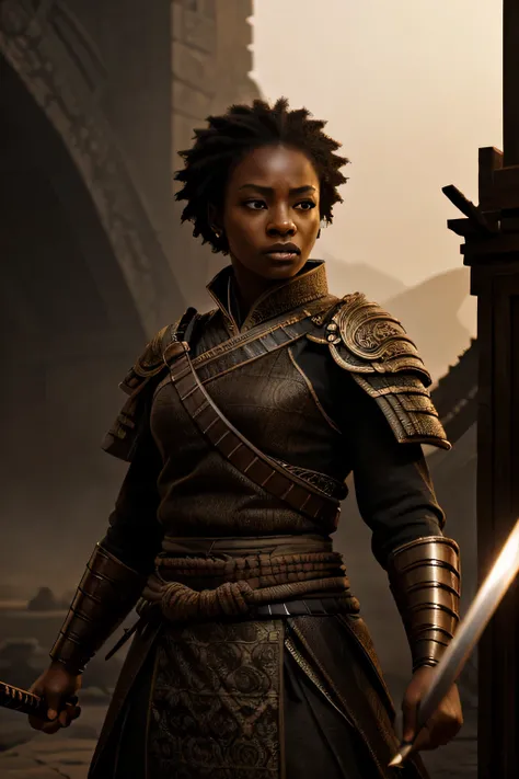 African woman, brown skin, dramatic background, holding samurai sword, cinematic, action movie, full samurai attire, powerful strong gaze, determined expression, vibrant colors, dynamic lighting. (best quality, highres, ultra-detailed, realistic:1.37), HDR...