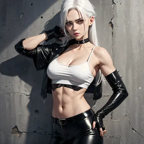 beautiful girl, military, white hair, bloody eyes, choker, cropped top, muscular abdomen, navel, black leather pants, spiked long gloves, wall,