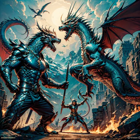 Create a digital art masterpiece depicting a fearless and battle-worn dragon slayer standing defiantly before an imposing, fire-breathing dragon. The dragon slayer should exude confidence, wielding a legendary weapon with intricate details and adorned in b...