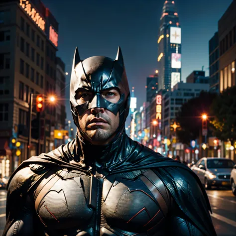 batfleck ben-affleck batman in the rain on a city street at night, from movie batman, film still of batman, in batman movie stil...