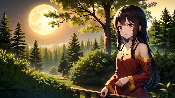 1Girl, Megumin, Fantasy, Forest Background, detailed, just one Person, cute, Night, Moonlight, UHD, high resolution