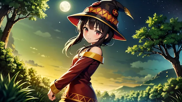 1Girl, Megumin, Fantasy, Forest Background, detailed, just one Person, cute, Night, Moonlight, UHD, high resolution