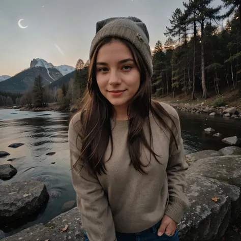 photograph, photo of beautiful 27yo woman, darl long brown hair, selfie, full body, solo, wearing pullover, outdoors, (night), mountains, real life nature, stars, moon, cheerful, happy, gloves, sweater, beanie, forest, rocks, river, wood, smoke, fog, looki...