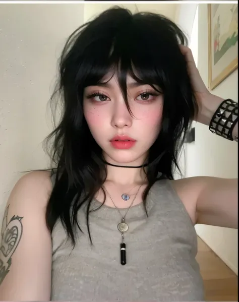 araffed woman with long black hair and a necklace on, pale goth beauty, cruel korean goth girl, 18 years old, with pale skin, sh...