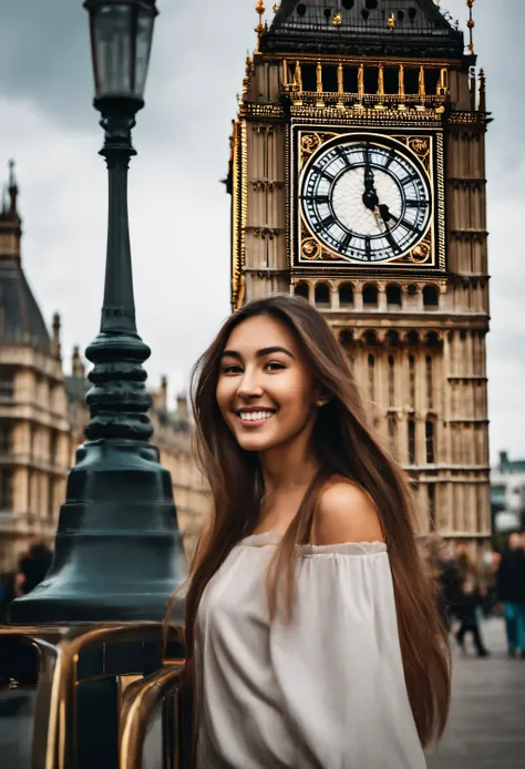 beautiful student kazakh girl with long hair travelling in london summer time big ben in background smiling and british people walking around