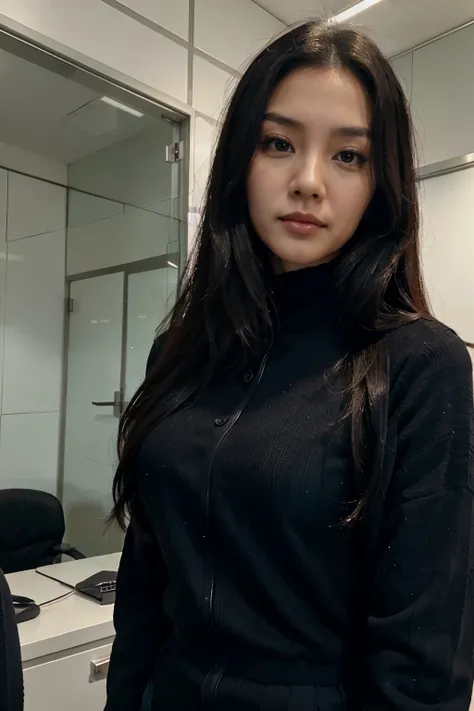 hong kong lady in office, stand upright, peeking from neck, black knit jacket, closeup selfie, black long hair, beautiful face, beautiful body, slim, soft lighting