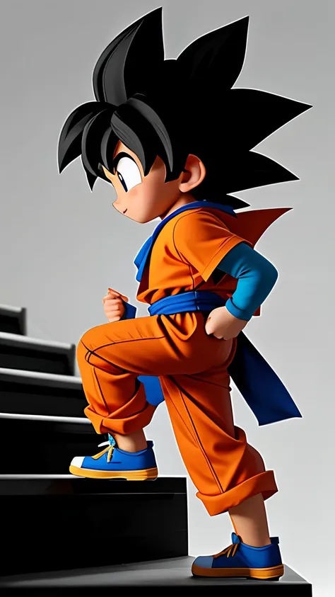 cute Goku, side view, full body, climbing stairs up, black background