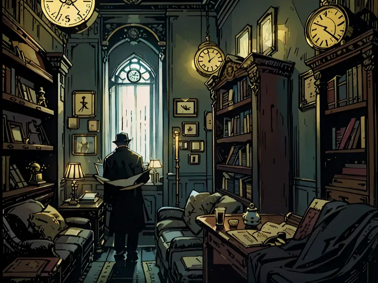 Describe an intriguing scene in a gloomy room where the atmosphere is charged with mystery. A clock on the wall announces the arrival of midnight, casting mysterious shadows across the room. A bookshelf filled with old books occupies one wall, while on the...